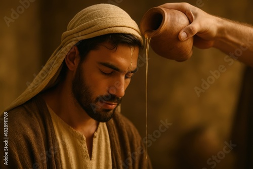 Biblical scene of a man being anointed with oil from a clay jug. A sacred ceremony of faith and spiritual blessing. Consecration of a king or prophet
