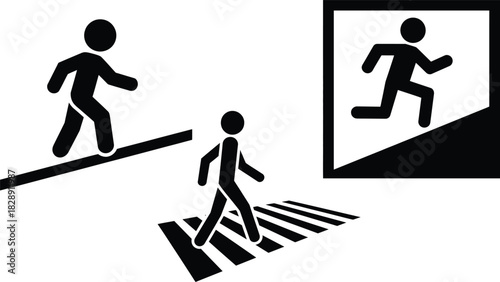 Symbolic icons of people walking uphill, running, and crosswalk