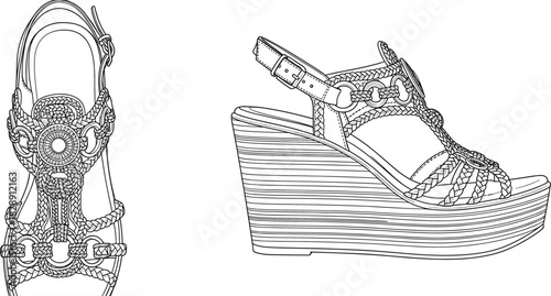 Women's wedge sandals technical drawing, top and side views, fashion flat sketch, footwear design, summer, stylish, bohemian, comfortable, vector, illustration, blueprint, product, trendy.
