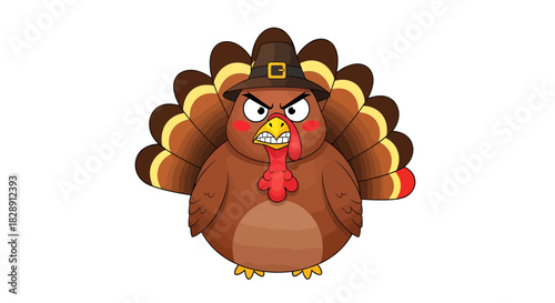 A cartoon turkey with a disgruntled expression, wearing a pilgrim hat stands out