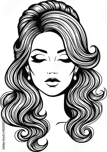 Beautiful Woman Face with Long Wavy Hair and Closed Eyes Vector Illustration for Beauty Salon Logo Design