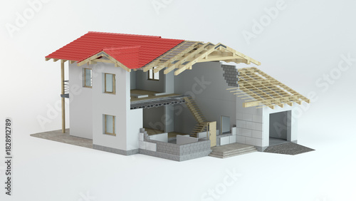 Fotografie 3D Cutaway House Construction Model with Roof Structure and Interior Layout, 3d