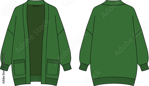 Olive green open front cardigan technical flat sketch with patch pockets and ribbed cuffs, oversized vector illustration for knitwear.