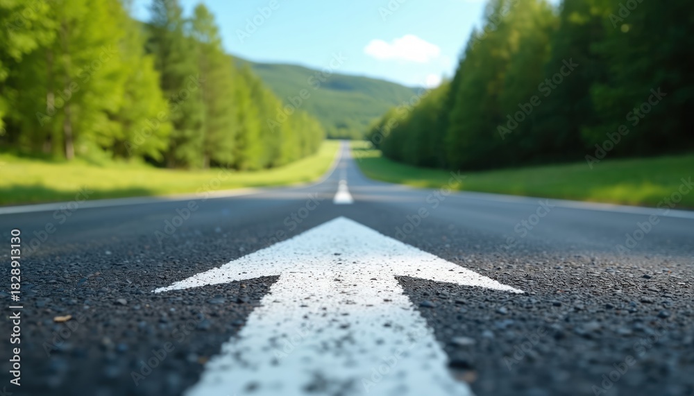 Fototapeta premium Asphalt road stretches toward horizon passing green forest trees. White arrow indicates forward direction movement. Road journey, success, leadership, direction, achievement, progress. Pavement