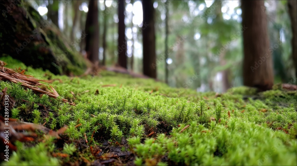 Naklejka premium Vibrant Green Moss Covers the Forest Floor Surrounded by Tall Trees in a Peaceful Natural Habitat Under Soft Diffused Light