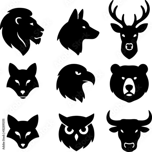 Collection of nine silhouette animal heads lion wolf deer fox eagle bear wildcat owl and bull isolated on white background vector illustration for design elements