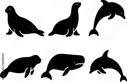 Silhouette collection of marine mammals seals dolphins whales otters and walruses in various poses for wildlife conservation and ocean life illustrations and designs
