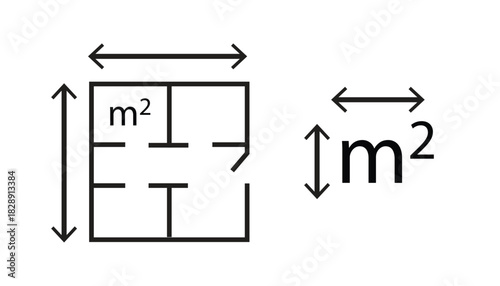 House Floor Plan Icons with Measurement Arrows in Outline Style on Transparent Background