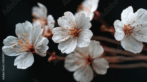 A close up of several white cherry blossoms with yellow centers on a dark background