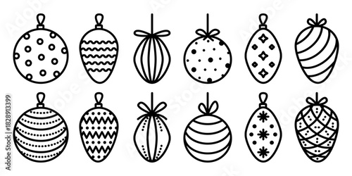 Black line Christmas tree toys icon set. Various winter decorations for firs, spruces and pines. Monochrome decorative signs for coniferous trees. Coloring page, festive vector cliparts