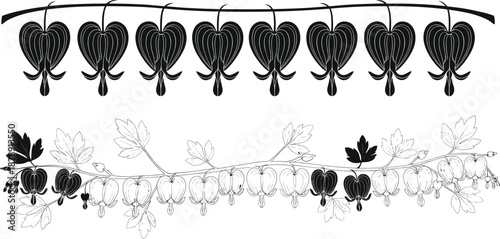 Black and White Vector Illustration of Bleeding Heart Flower Borders with Leaves and Silhouettes on White Background