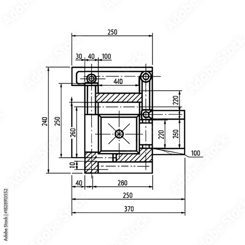 Engineering blueprint illustrating a complex mechanical assembly with measurements, isolated on