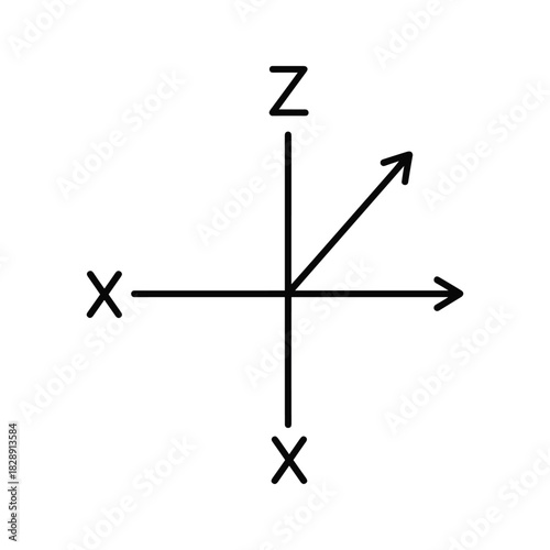 Twodimensional coordinate system with x and z axes and a vector, isolated on