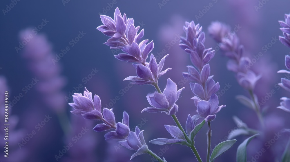 Obraz premium Delicate Lavender Flowers Blooming in Soft Focus with a Mystical Purple Background Capturing Natural Beauty and Serenity in Nature