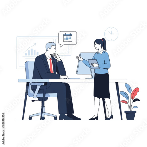 Business professionals in a modern office meeting, discussing project schedules and deadlines using a digital tablet for efficient planning