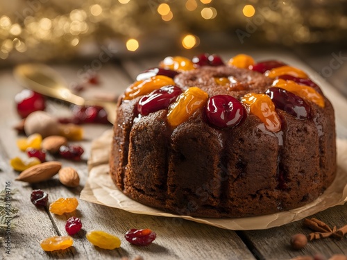 Christmas plum cake on rustic wooden table, dry fruits and glazed cherries on top