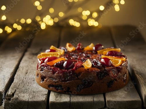 Christmas plum cake on rustic wooden table, dry fruits and glazed cherries on top