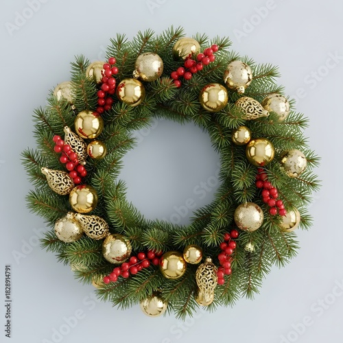 Circular Christmas wreath made from pine leaves, red berries, golden ornaments
