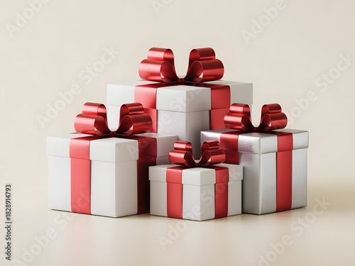 Neatly wrapped Christmas gift boxes with red ribbon