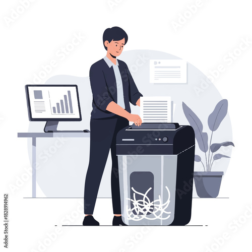 Office worker shredding documents to maintain data security and privacy compliance within a business setting
