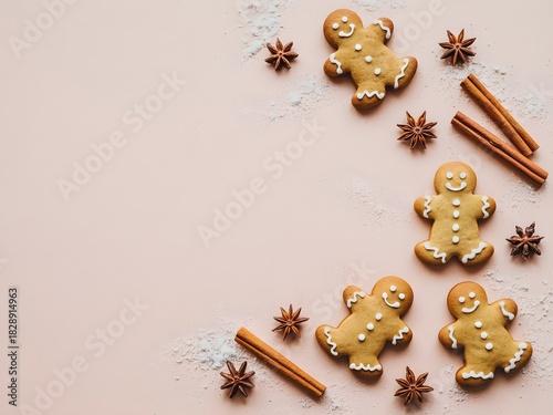 Top view flat-lay of gingerbread cookies,cinnamon sticks, star anise and powdered sugar. pastel beige background 