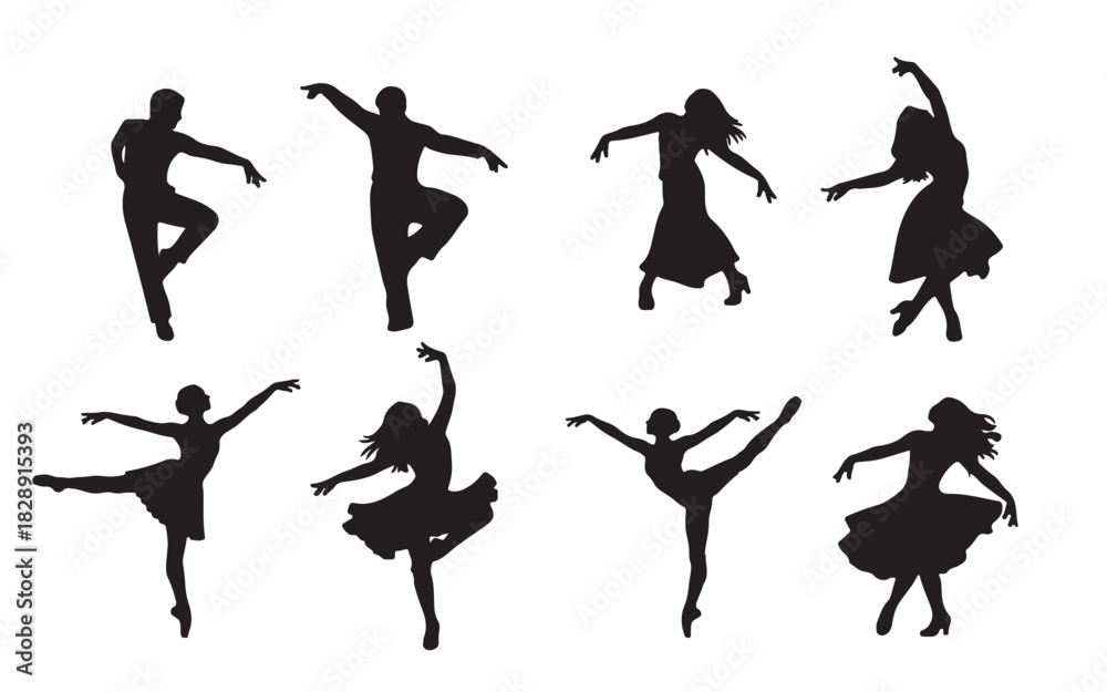 Fototapeta premium Silhouette collection of dancers in various poses against a white background