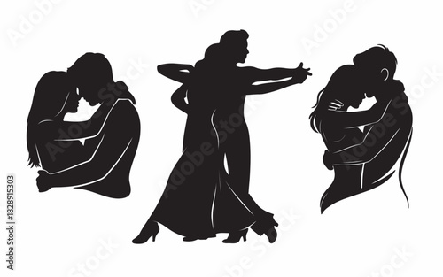Silhouette dance collection couples embracing and dancing passionately in black and white
