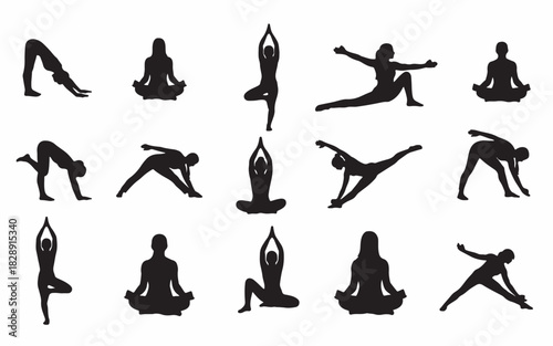 Collection of yoga poses silhouettes for wellness fitness and healthy lifestyle