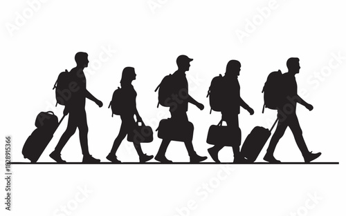 Silhouette of travelers walking with luggage on a white background