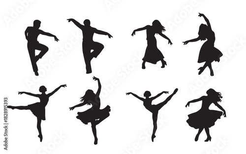 Silhouette collection of dancers in various poses against a white background