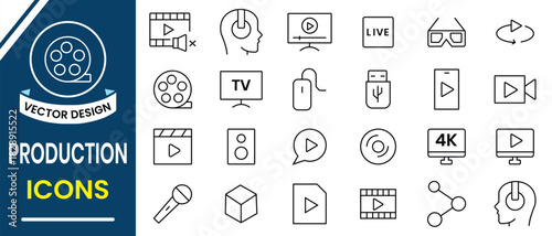 Multimedia and Production icon set. Cinema line icon, vector set collection. Containing camera, play, pause, production, player, media, online video, live, movie and cinema icons. Vector illustration.