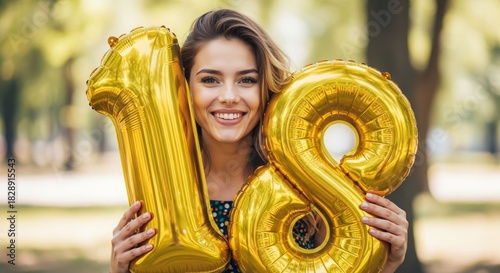 Cheerful young woman celebrating eighteenth birthday with golden balloons