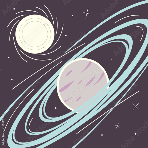 Stylized illustration of a ringed planet and a swirling sun in a dark cosmic background