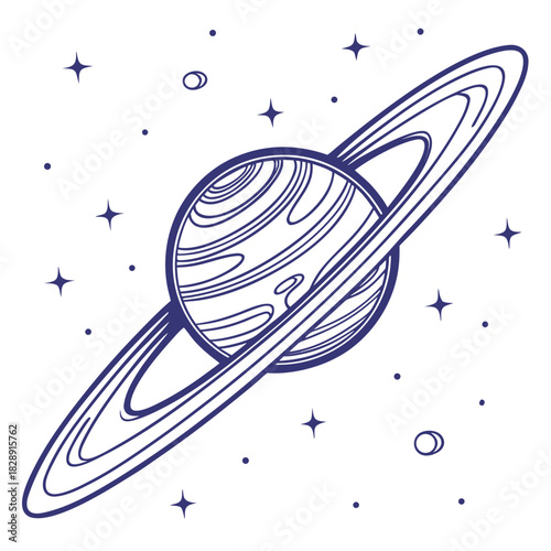 Stylized illustration of a ringed planet with stars and moons in a cosmic background