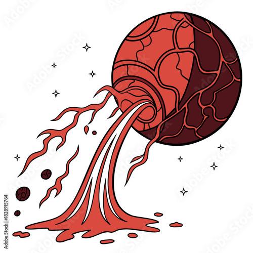 Stylized red planet pouring out lava streams and molten rock into a cosmic starry background