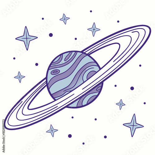 Stylized ringed planet with swirling stripes and starbursts in a cosmic scene