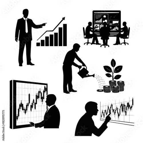 Set of financial trading silhouettes featuring stock market analysis and investment growth.