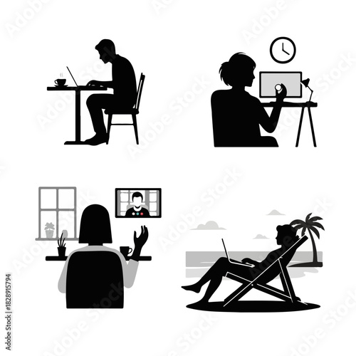 Set of remote work silhouettes featuring digital nomad video call and office scenes.