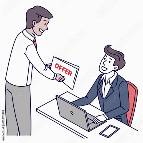 Man in suit receives an offer letter from a colleague at a desk with a laptop