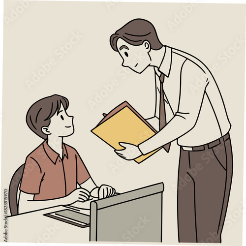 Teacher or mentor holding a folder and interacting with a student sitting at a desk