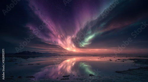 Majestic Aurora Borealis Displaying Vibrant Colors Reflected in Calm Waters at Dusk.