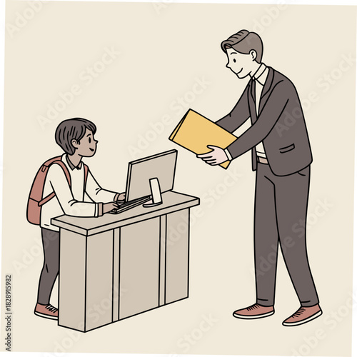 A friendly teacher hands a folder to a student sitting at a desk with a computer