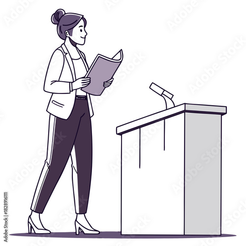 Confident businesswoman holding papers and walking towards a podium with a microphone for a presentation