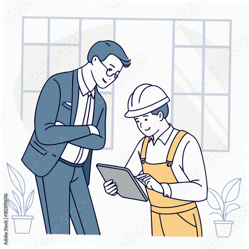 A businessman in a suit and a construction worker in overalls discuss plans on a tablet