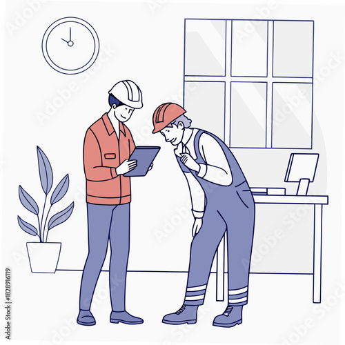 Two construction workers wearing hard hats and safety vests collaborating on a tablet in an office setting