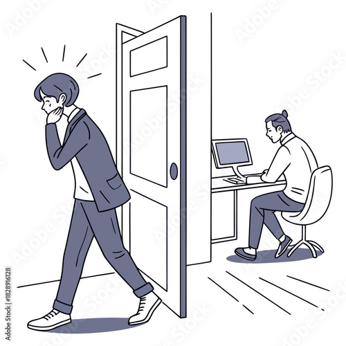 Man cautiously peeking into an office where another man is working on a computer