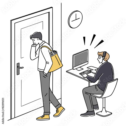 Man with bag approaches door while person in headset works at computer in office