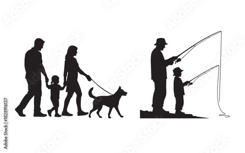 Family silhouette walking dog and fishing together father and son bonding