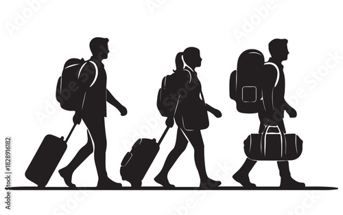 Silhouetted travelers walking with luggage airport vacation or commute