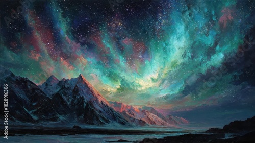 Majestic Aurora Borealis Over Snow-Capped Mountains, Vibrant Sky, Night Landscape.